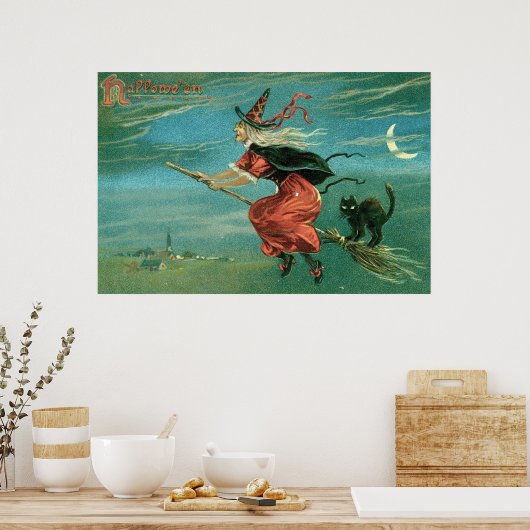  Halloween heks met zwarte kat Poster (Keuken)