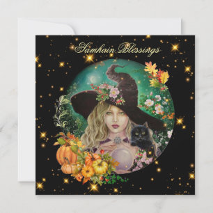 Halloween heks met zwarte kitten wenskaart kaart