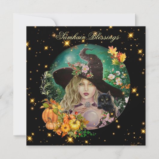 Halloween heks met zwarte kitten wenskaart kaart (Voorkant)