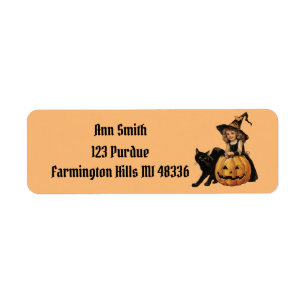 Halloween heks met zwarte poes en pompoen Etiket