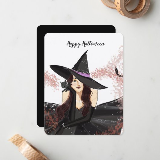 Halloween, heks notitiekaartje (Voorkant / Achterkant in situ)