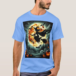Halloween heks op bezemsteel Full Oranje Moon Bat T-shirt