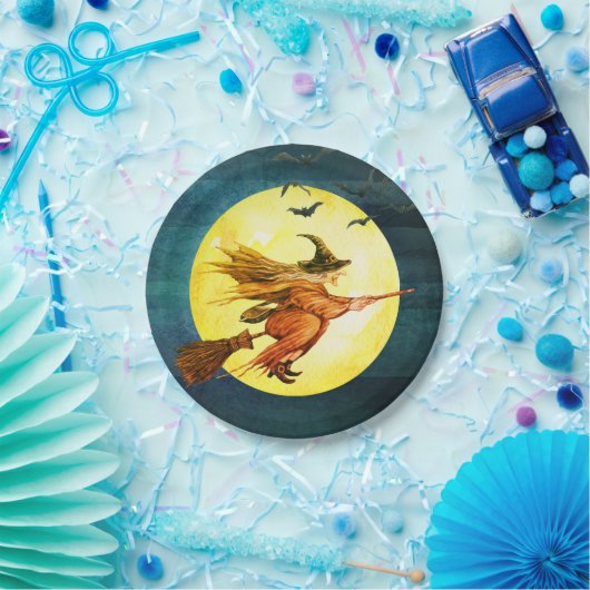 Halloween heks op bezemsteel maan papieren bordje (Feest)