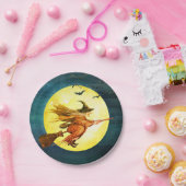 Halloween heks op bezemsteel maan papieren bordje (Feest)