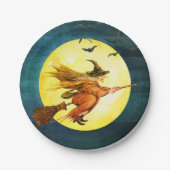 Halloween heks op bezemsteel maan papieren bordje (Voorkant)