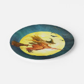 Halloween heks op bezemsteel maan papieren bordje (Gekanteld)