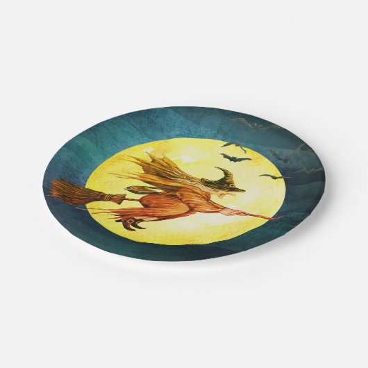 Halloween heks op bezemsteel maan papieren bordje (Gekanteld)