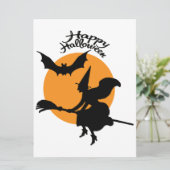 Halloween heks op bezemsteel met vleermuis, heks kaart (Staand voorkant)