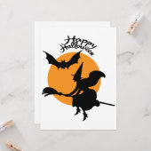 Halloween heks op bezemsteel met vleermuis, heks kaart (Voorkant / Achterkant in situ)