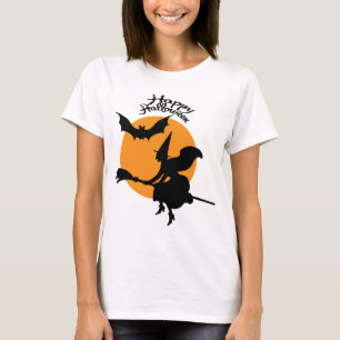 Halloween heks op bezemsteel met vleermuis, heks t-shirt