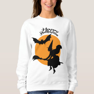 Halloween heks op bezemsteel met vleermuis, heks trui