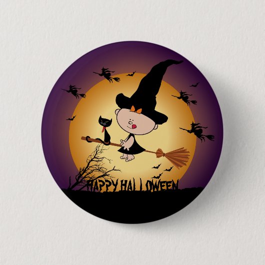 Halloween Heks op Broomstick Button (Voorkant)