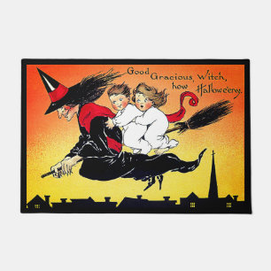 Halloween-heks op broomstick met stutte Kinderen Deurmat