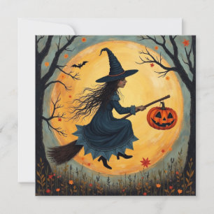Halloween Heks op de Bezem en Volle Maan  Feestdagenkaart