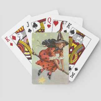 Halloween heks op een vliegende broom pokerkaarten