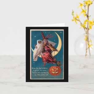 Halloween Heks op Maan met Uil Vintage Kaart