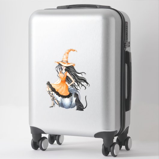 Halloween Heks op Pompoen met Zwarte Kat Sticker (Koffer)