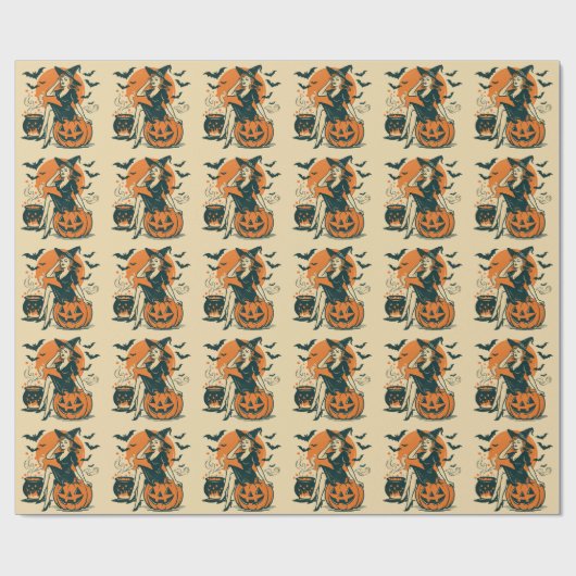 Halloween  heks op Pumpkin Bats Cauldron Cadeaupapier (Vlak)