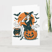 Halloween  heks op Pumpkin Bats Cauldron Kaart (Voorkant)