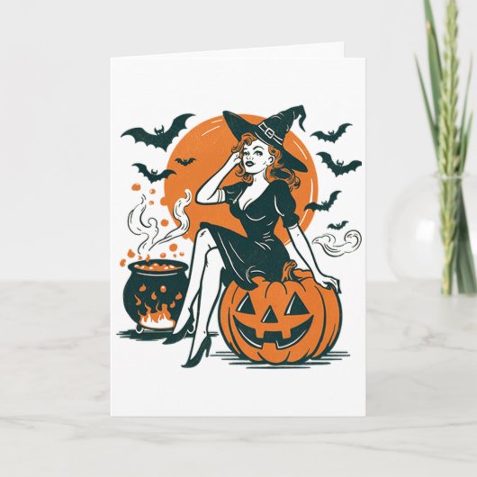 Halloween  heks op Pumpkin Bats Cauldron Kaart (Voorkant)