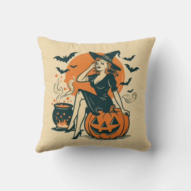 Halloween  heks op Pumpkin Bats Cauldron Kussen (Achterkant)