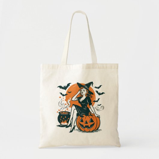 Halloween heks op Pumpkin Bats Cauldron Tote Bag (Voorkant)