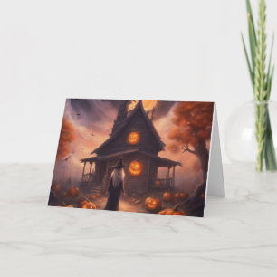 Halloween heks op weg naar haar spookhuis kaart