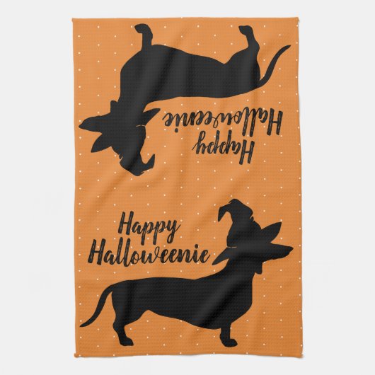Halloween Heks Pet Dachshund Happy Halloweenie Theedoek (Verticaal)