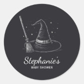 Halloween heks pet en bezem baby shower zwart ronde sticker (Voorkant)