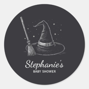 Halloween heks pet en bezem baby shower zwart ronde sticker