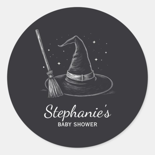Halloween heks pet en bezem baby shower zwart ronde sticker (Voorkant)
