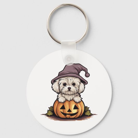 Halloween Heks Pet Pompoen Hond Maltees Sleutelhanger (Voorkant)