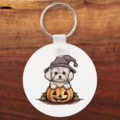 Halloween Heks Pet Pompoen Hond Maltees Sleutelhanger (Voorkant)