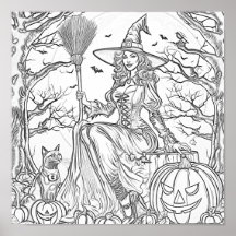 Halloween heks, pompoen en kat kleurplaat