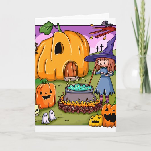 Halloween Heks Pompoen Huis Kaart (Voorkant)
