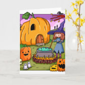 Halloween Heks Pompoen Huis Kaart (Gele Bloem)
