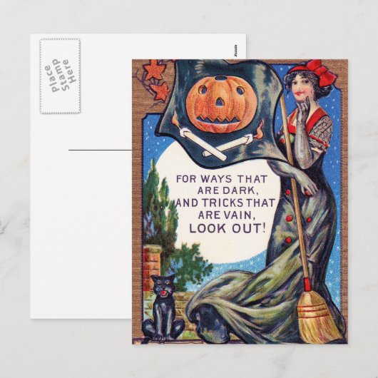 Halloween heks pompoen kat briefkaart (Voorkant / Achterkant)