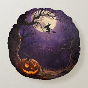 Halloween Heks & Pompoen Ronde Kussen
