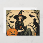  Halloween Heks, Pompoen, Zwarte Kat, Vleermuizen Feestdagenkaart (Voorkant / Achterkant)