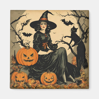 Halloween Heks, Pompoen, Zwarte Kat, Vleermuizen Magneet