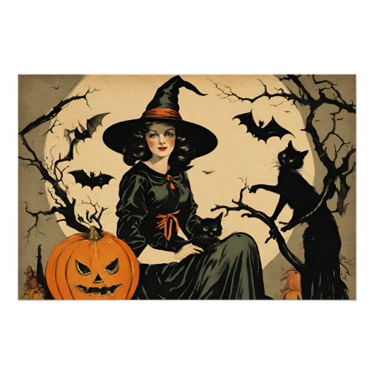  Halloween Heks, Pompoen, Zwarte Kat, Vleermuizen Perfect Poster (Voorkant)