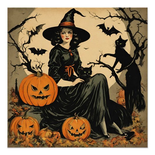 Halloween Heks, Pompoen, Zwarte Kat, Vleermuizen Perfect Poster (Voorkant)