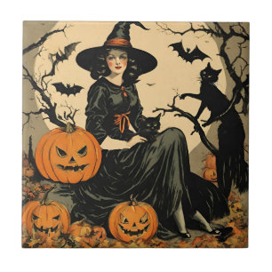 Halloween Heks, Pompoen, Zwarte Kat, Vleermuizen Tegeltje