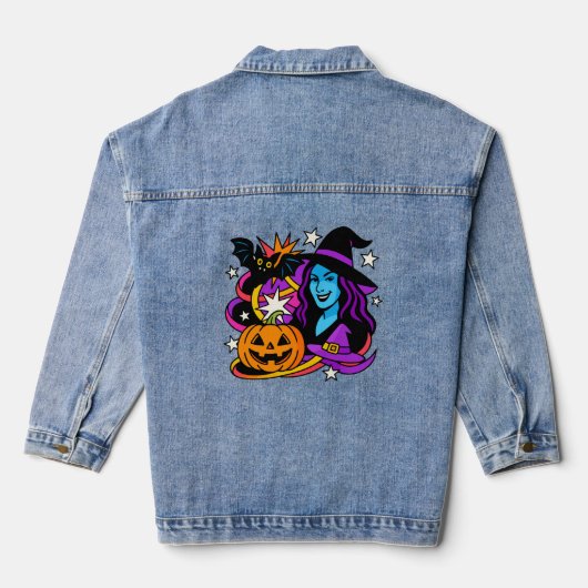 Halloween heks pop art denim jas, kleurrijke com jacket (Achterkant)