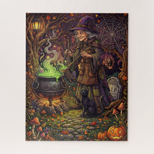 Halloween Heks Puzzel - Heks Roert zwarte kat