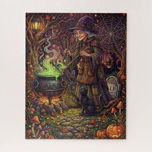 Halloween Heks Puzzel - Heks Roert zwarte kat (Verticaal)
