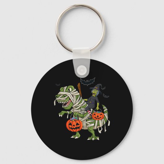 Halloween Heks Riding T Rex Fun Boys Meisjes Kinde Sleutelhanger (Voorkant)