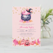 Halloween Heks Schattige Herfst Roze Baby Meisje D Kaart (Staand voorkant)