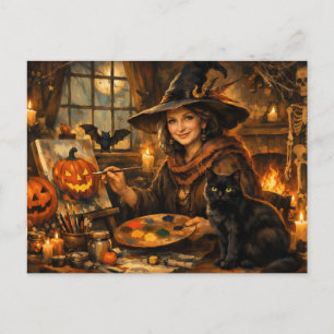 Halloween Heks Schilderende Pompoen Briefkaart