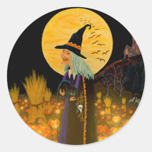 Halloween heks stickers, heks en Jack-O-Lanterns Ronde Sticker